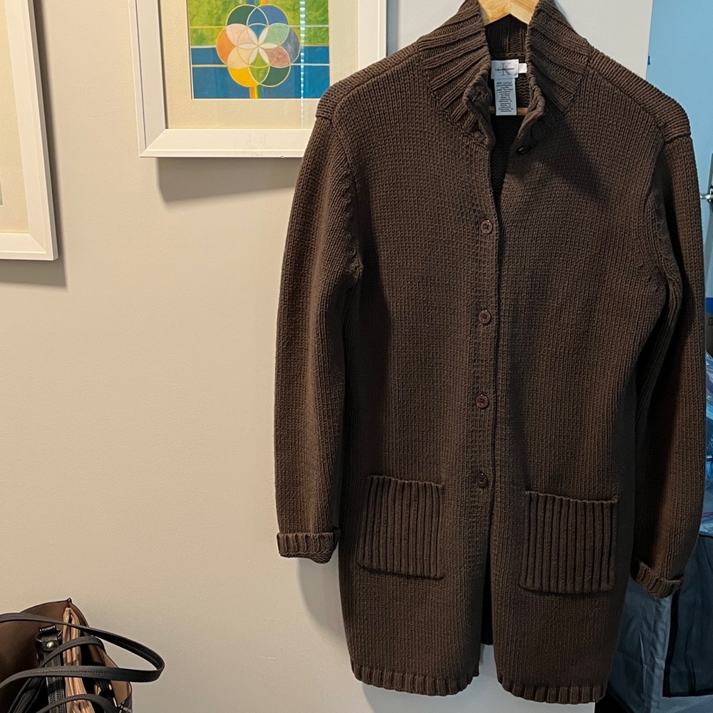 Rare Calvin Klein Jeans Cotton Blend Brown Knit Cardigan with Belt. Smoke Free